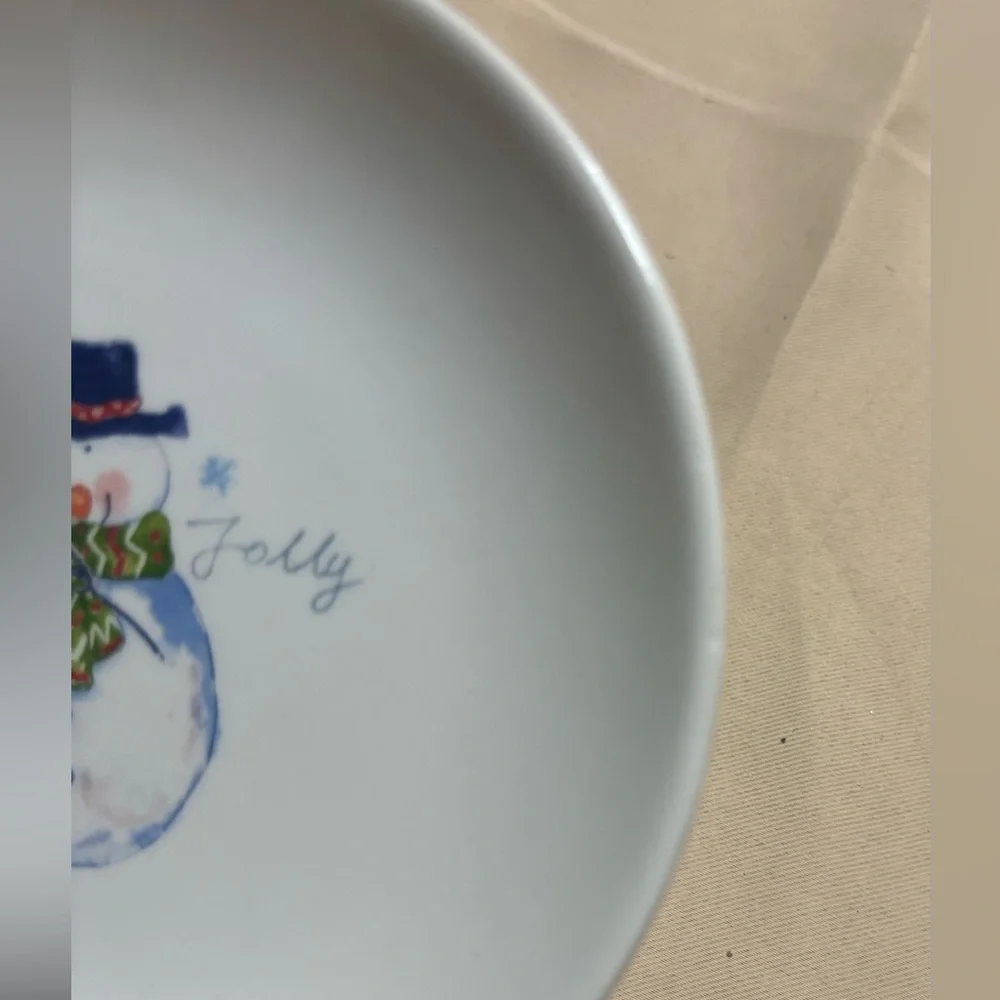 Pier 1 Imports Christmas Appetizer 4 Plates Holiday Theme 6” Santa, Snowman Flaw
